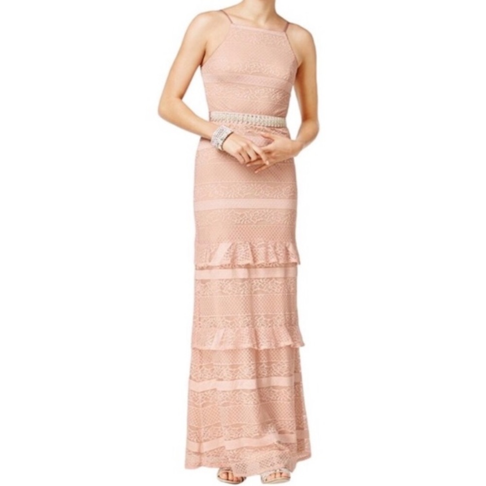SPEECHLESS Blush Lace Pink Halter Tiered Peplum Dress
